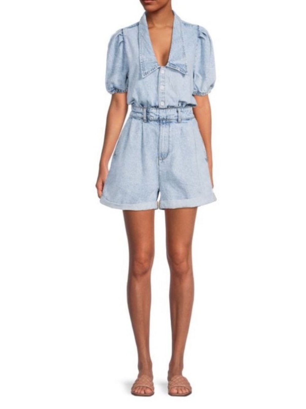 WEWOREWHAT Puff Sleeve Collared Denim Romper Size Small
